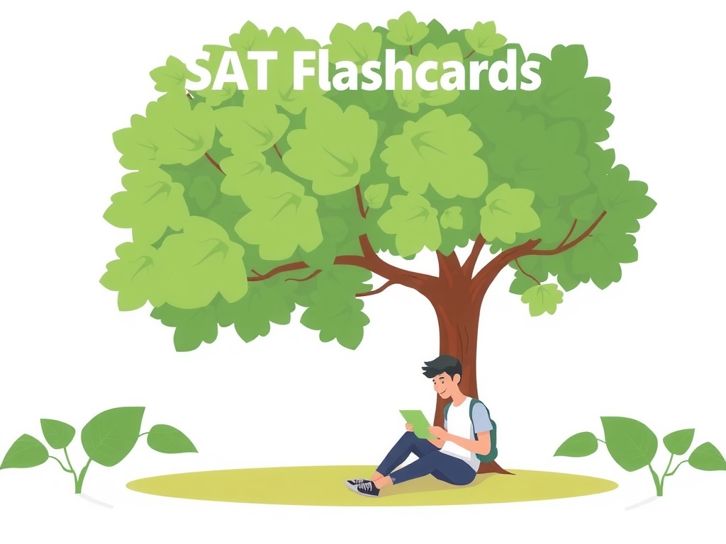 Better SAT Flashcards (student sitting under a tree and reading SAT flashcards)